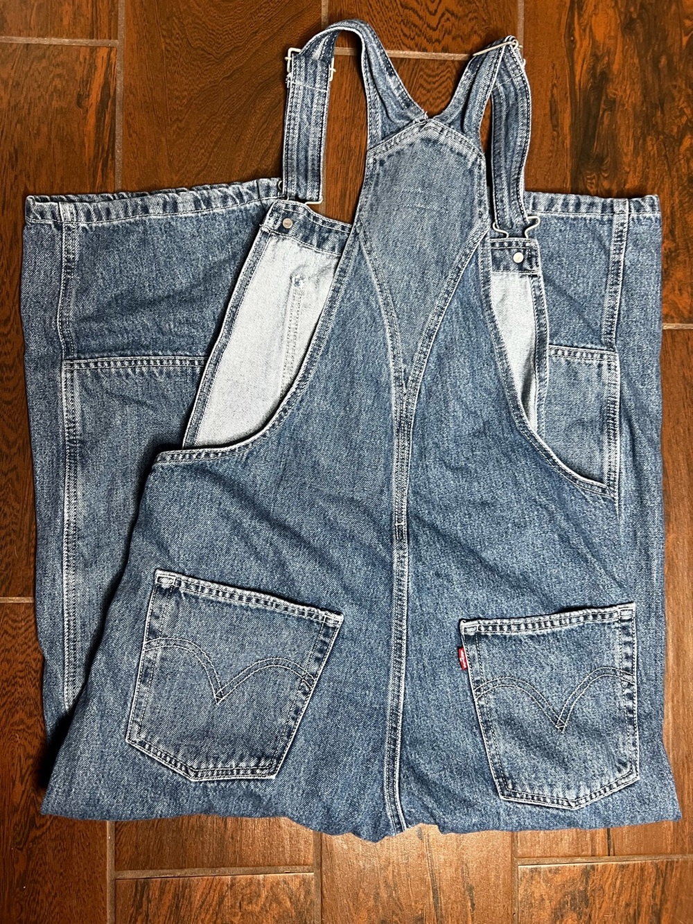 Levi’s Premium Utility Double Knee Wide Leg Dark Wash Denim Jean Overalls Medium - Picture 5 of 6